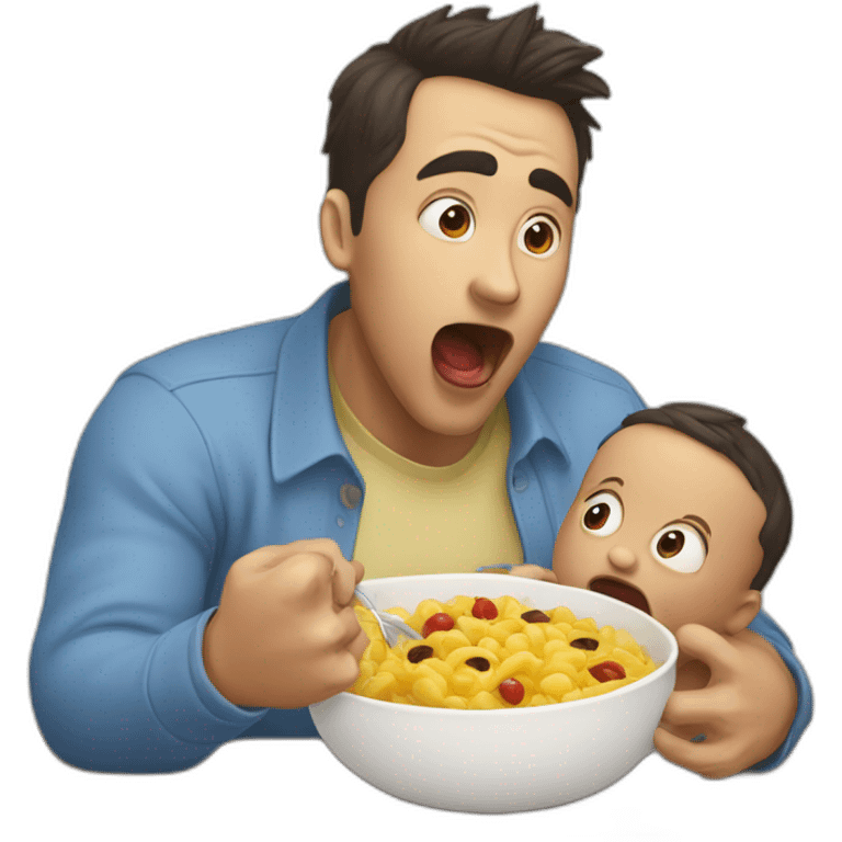 man with his mouth open as if he's about to eat something, facing a with a baby close to his mouth emoji