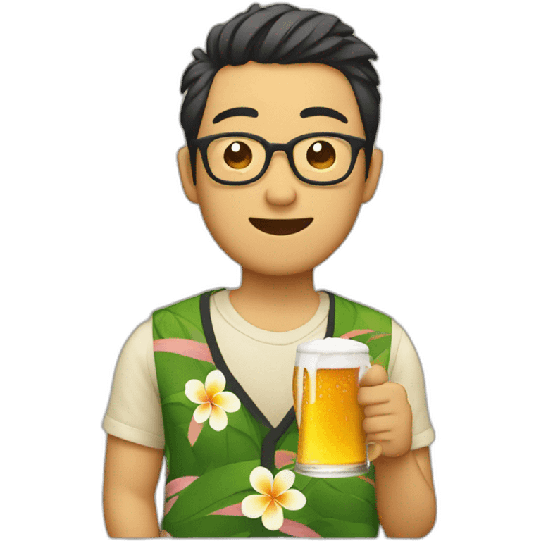 Japanese wearing glasses alohashirt is holding beer emoji