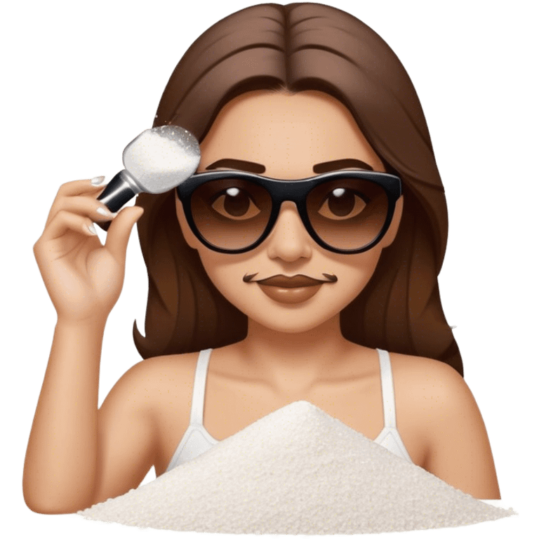 White woman with brown hair posing as salt bae with sunglasses. She is sprinkling salt on top of a pile of makeup emoji