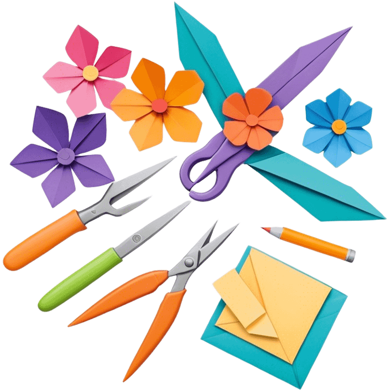 Paper crafting icon, various paper crafts like origami, 3D paper flowers, and scrapbooking materials, visible tools such as scissors, glue stick, and colour paper sheets, colorful paper patterns, minimalistic style, clean lines, transparent background. emoji