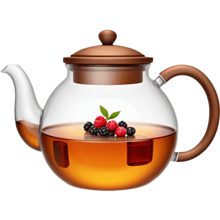 A cinematic realistic emoji with an attractive image of a transparent teapot with a realistic wooden lid filled with tea with berries, rich texture and warm, festive lighting. emoji