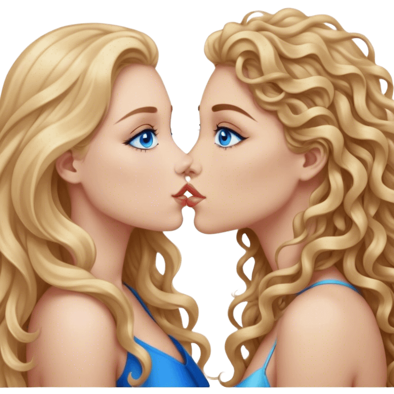 beautiful woman, long curly blonde hair, blue eyes kissing beautiful woman, long straight brown hair, blue eyes,  emoji