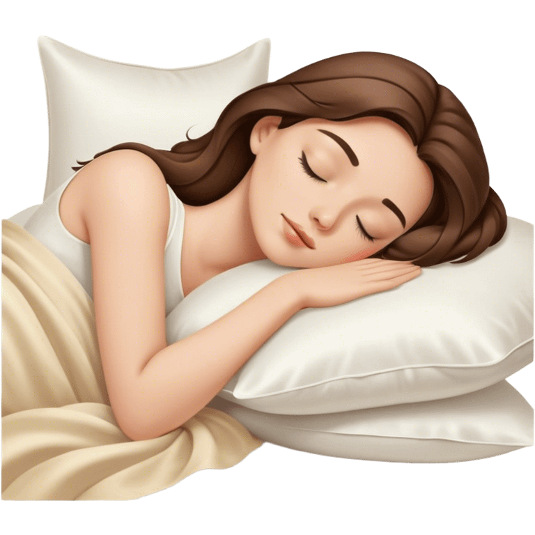 Beige brunette sleeping on white silk pillows  emoji