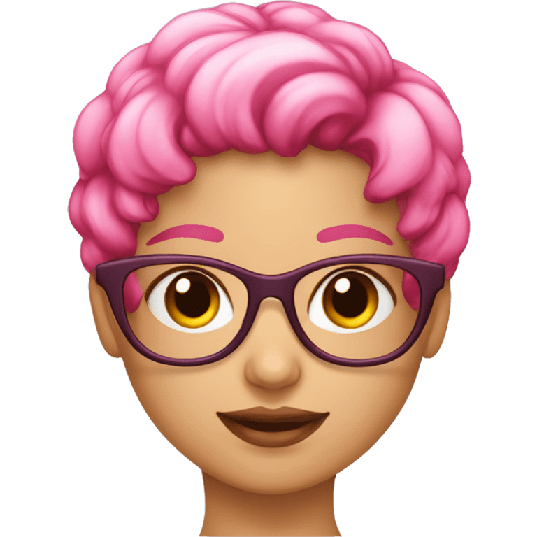 Niña con lentes rosado transparente, pelo corto, ojos marrones  emoji