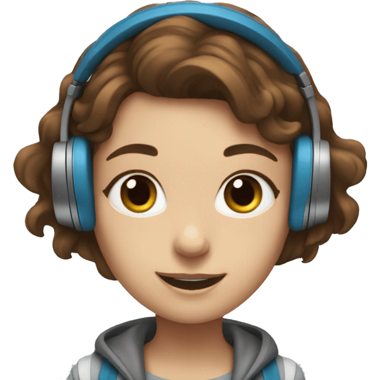 Girl with brown hair and blue eyes dancing with headphones emoji