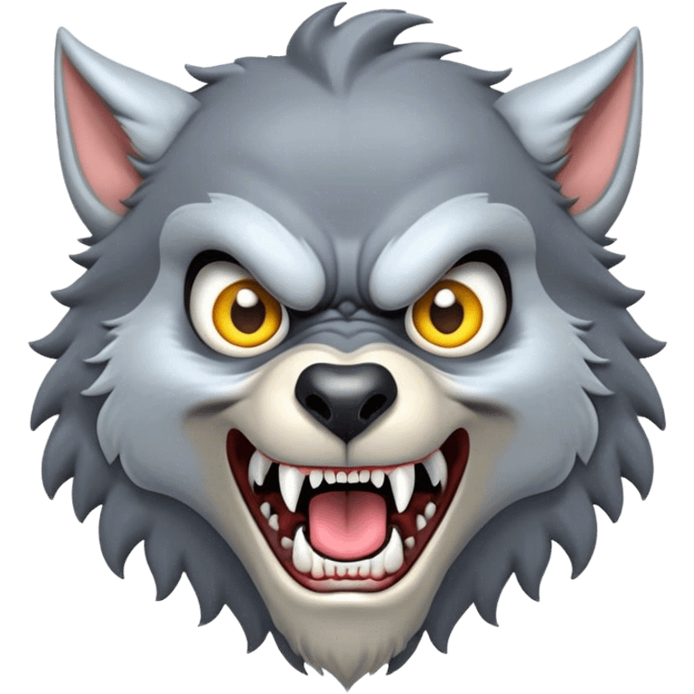 Cinematic Comical Werewolf Portrait Emoji, with a whimsically exaggerated lupine face in vivid moonlit grays and silvers, head cocked in a dramatically shocked expression with comically oversized, wide eyes and a playful snarl, simplified yet hilariously expressive, highly detailed with a soft cartoonish glowing outline capturing the mischievous humor of a werewolf mid-transformation! emoji