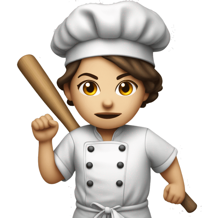 angry brunette chef in chef hat holding a baseball bat ready to swing emoji