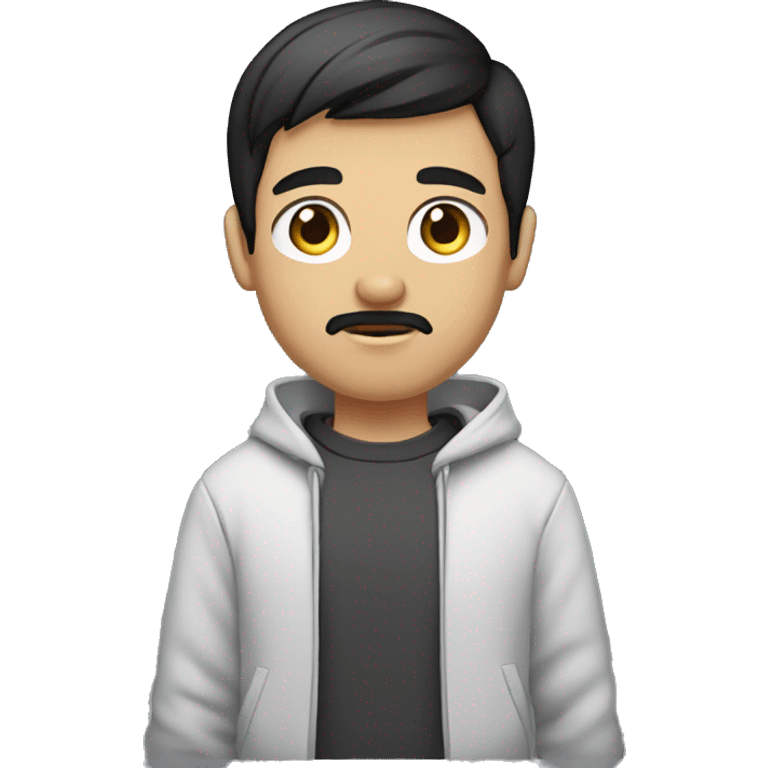 gamer boy with short shaved black hair, shaved goatee and mustache, black eyes and a sweatshirt. emoji