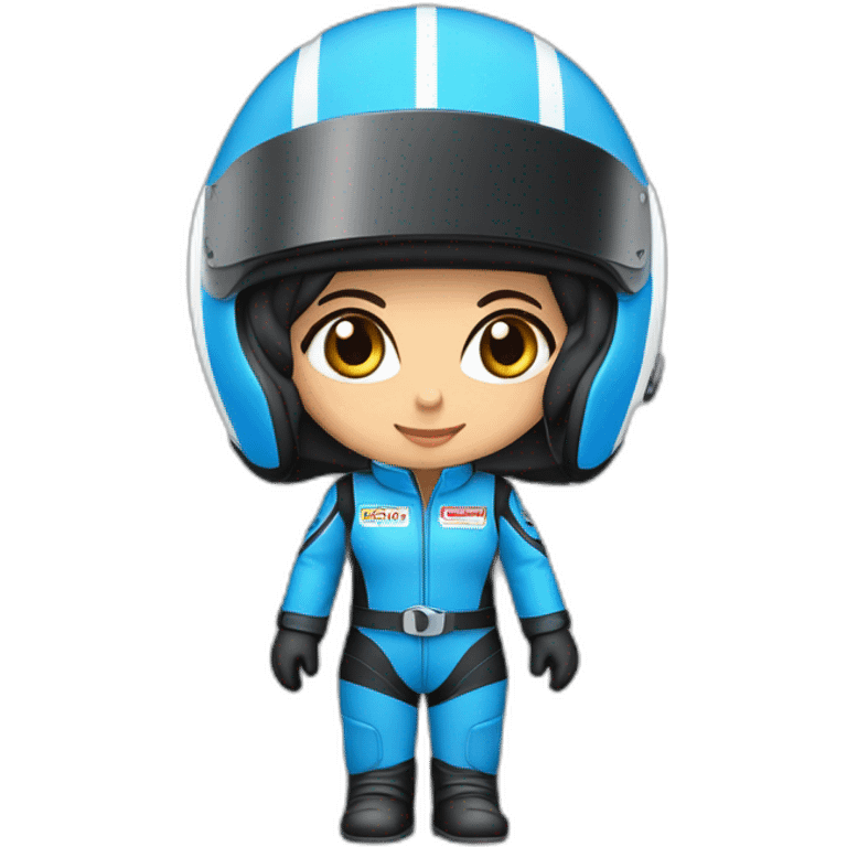 Piloto mulher morena de kart macacão da cor azul e preto e capacete branco e azul emoji