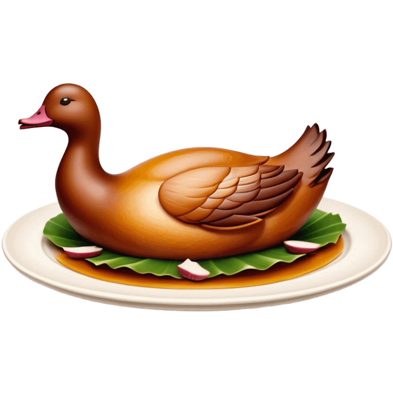 Peking Duck Cinematic Realistic Peking Duck Dish Emoji, depicted as thinly sliced duck breast with crispy skin and succulent meat, rendered with vivid textures and dynamic, appetizing lighting. emoji