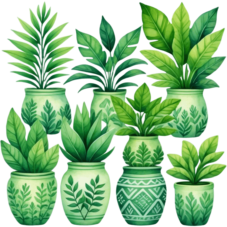 A stylized collection of leafy green plants in boho-inspired pots, arranged artistically in a watercolor painting. emoji