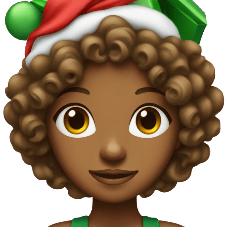 A brown skin girl with curly hair in a Christmas hat with a red and green gift in hand. emoji