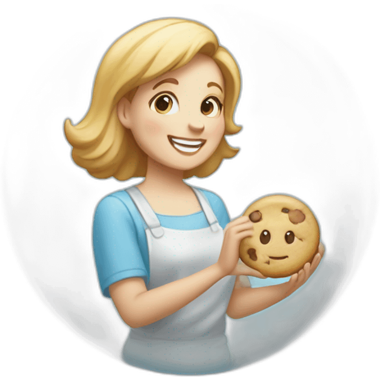 a happy lady holding up a cookie in a clear plastic bag with a light blue circular sticker on it with the text "bliss pastries" emoji