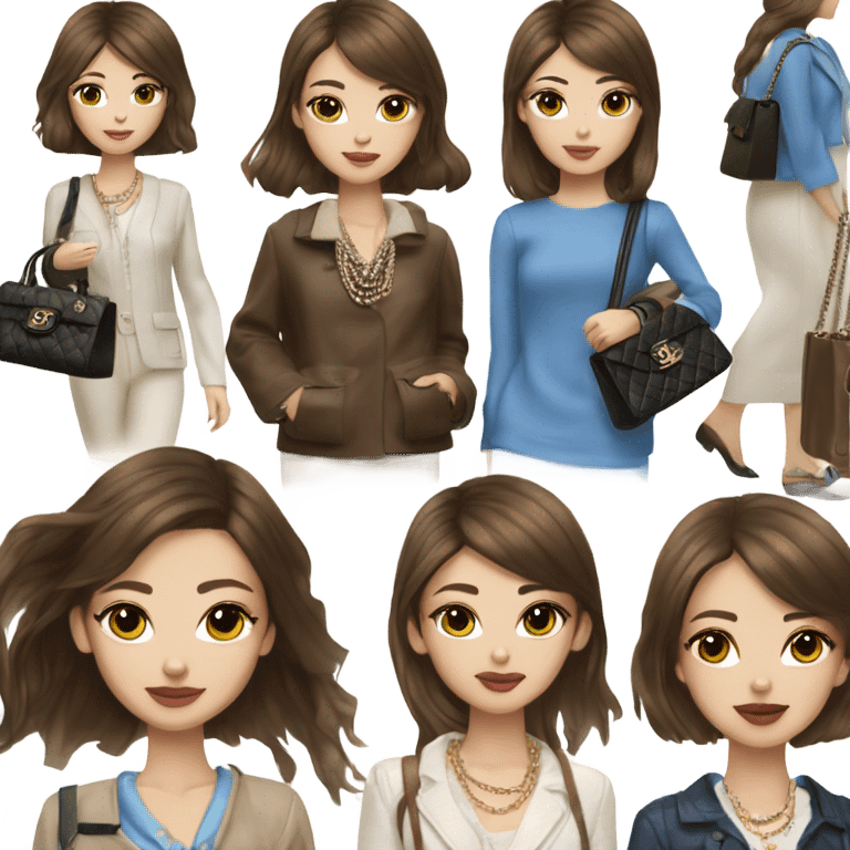 Realistic brown hair blue eyes Chanel Asian Girl with Birkin bag and Chanel necklace emoji