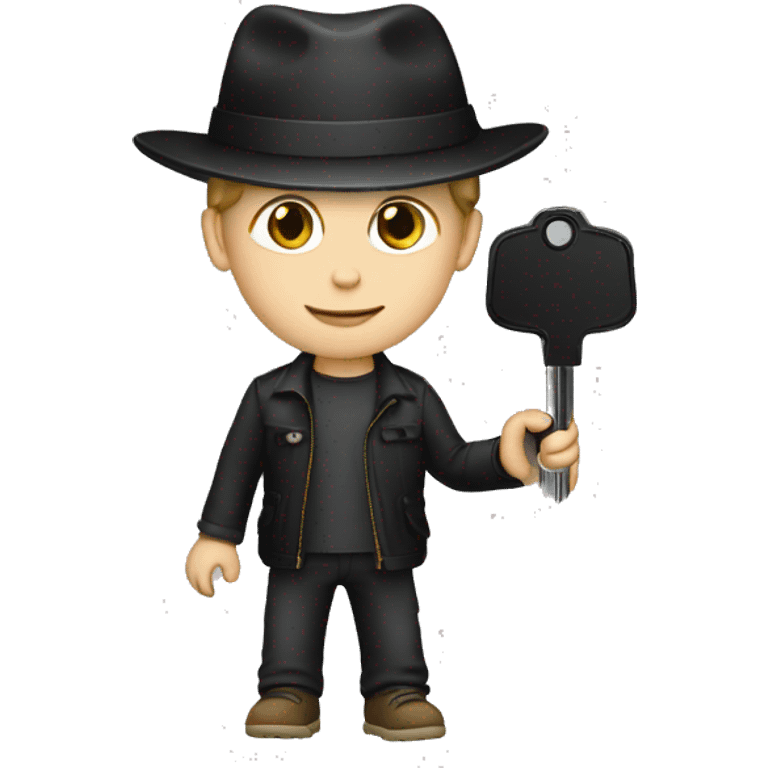 white boy with a black hat holding a car key emoji