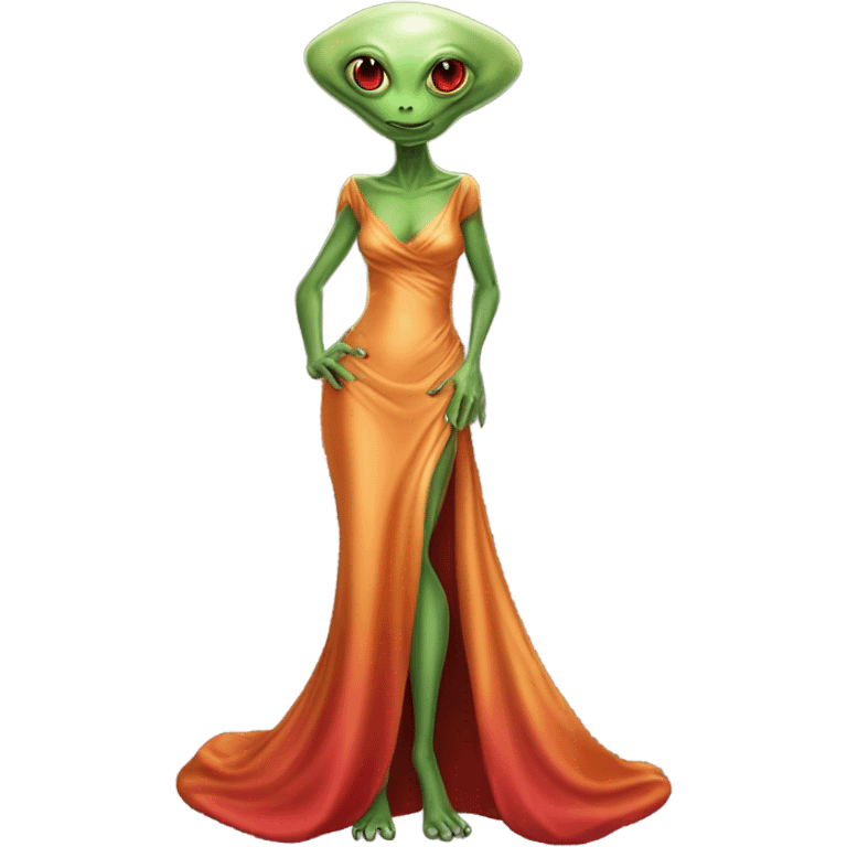 reptilian green alien woman, in long slim pastel orange formal party satin dress with gradient shiny sparkling dark red, full figure, full body emoji