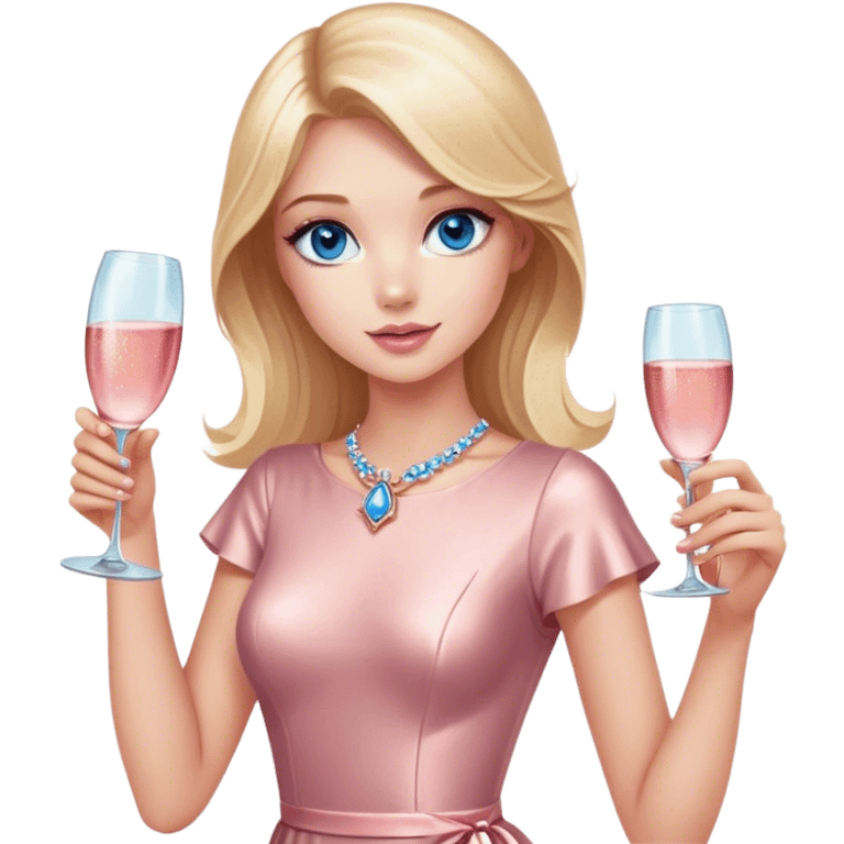 Pretty Blonde model, blue eyes, wearing a rose gold dress with short sleeves, raising a glass of pink champagne emoji