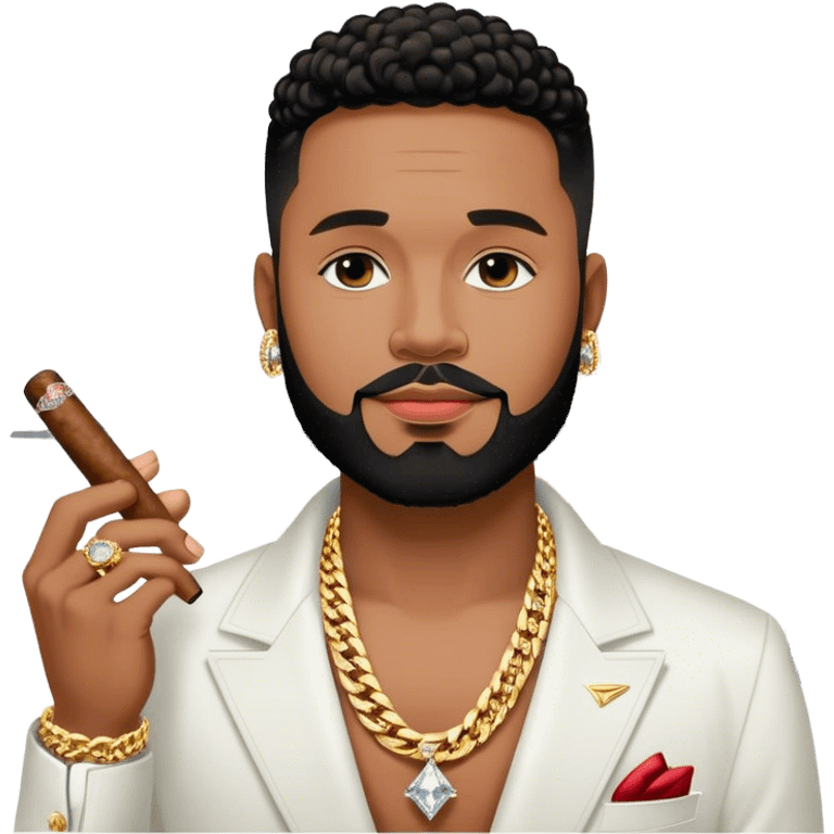 portrait of a Josh king Madrid in black with a gold private plane behind him . Wearing big sparkly diamond earrings and diamond chains on with a cigar in his mouth. Light black clean perfect lined up thin-beard . Looks unfazed cool emoji