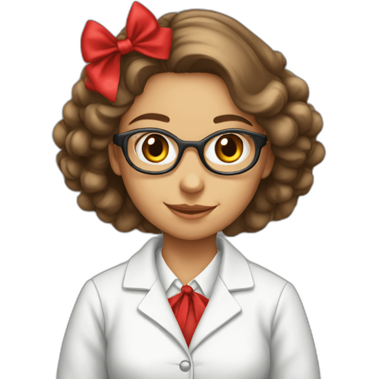 young chemist girl, red bow on head emoji