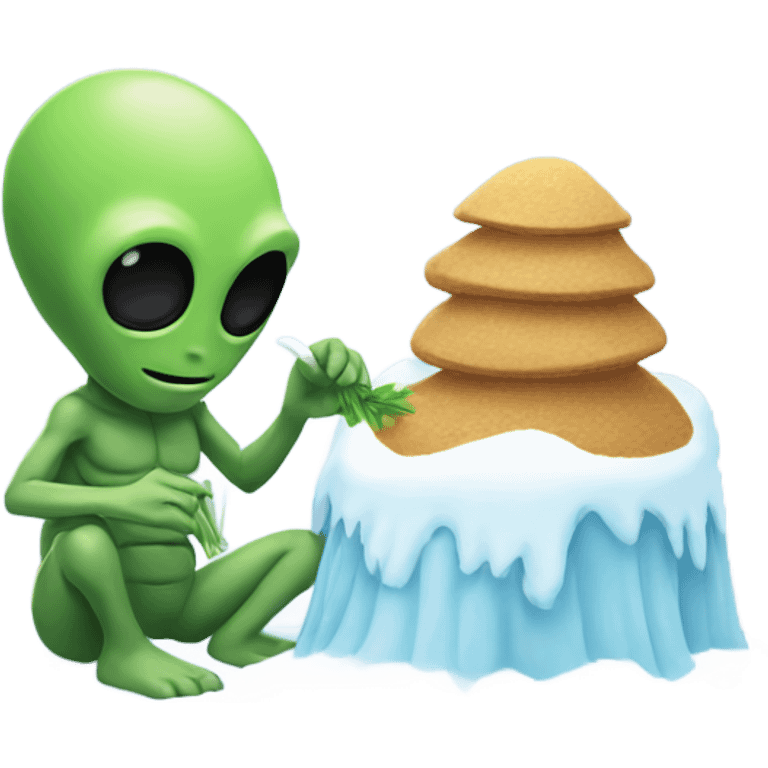 alien holding a small straw next to a mound of snow emoji