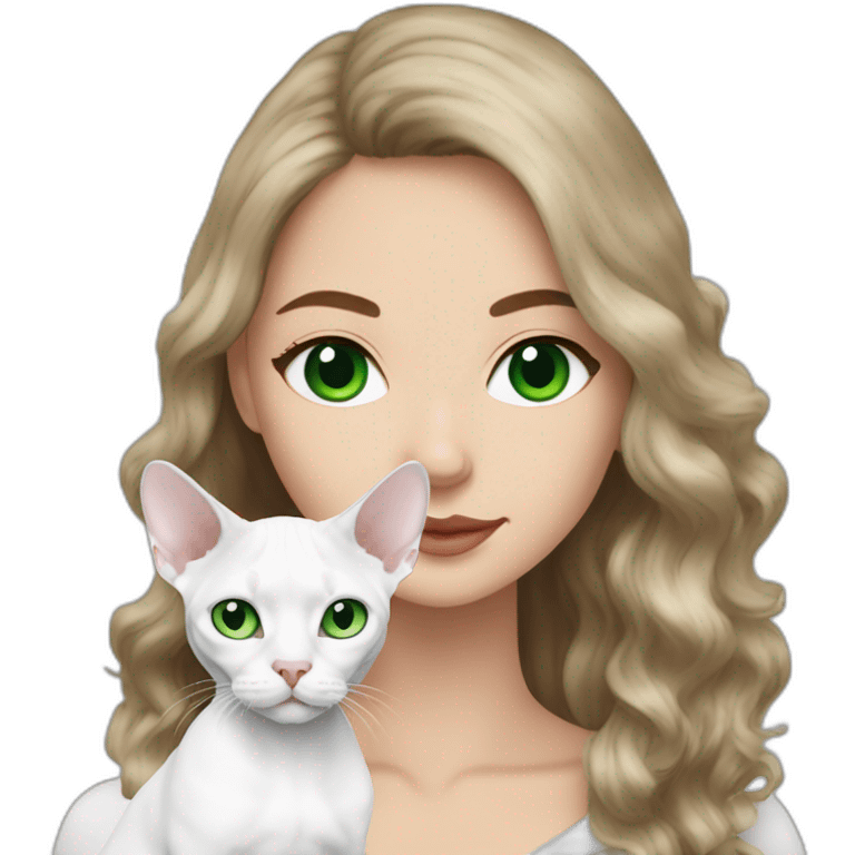 White brunette long hair woman with green eyes holding white devon rex with blue eyes emoji