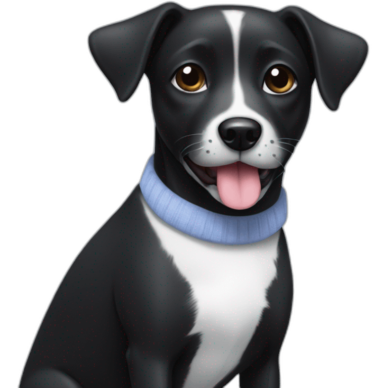 A small black dog with a White spot on stomach with sock in mouth emoji