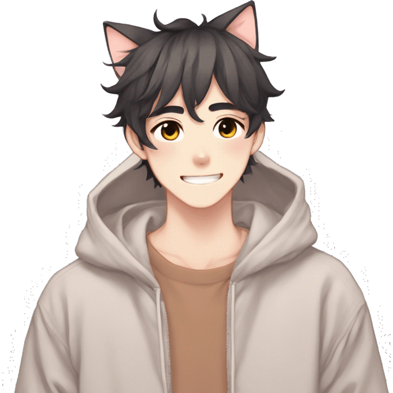 Gorgeous anime style shojo guy with cat ears and blushing face and hoodie aesthetic trending style outside emoji