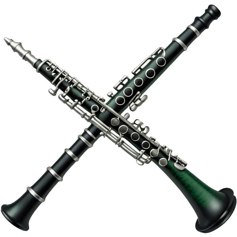 Create an elegant and refined emoji representing A clarinet. The design should showcase the sleek, black wood finish of the clarinet with its shiny metal keys and elegant detailing. Include the distinct, high-quality features, such as the unique greenish tint of the wood, giving it a modern and sophisticated look. Add subtle elements like the mouthpiece with the reed, emphasizing its importance in sound production. Use dark tones like ebony, silver for the keys, and soft light reflections to evoke a professional, classical feel. The background should be transparent. emoji