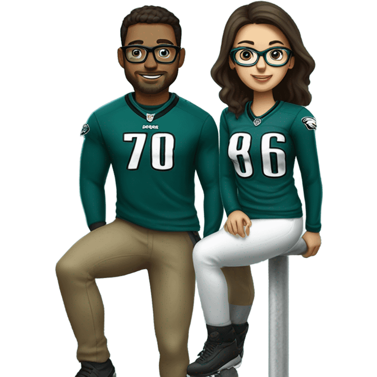 Dark brown hair female with glasses and male with light skin and light brown hair who are both eagles fan climbing up a pole emoji