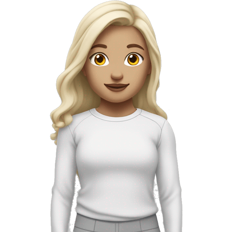 white raced, blonde hair with middle part, girl, long sleeve white lululemon shirt,  grey sweat pants  emoji