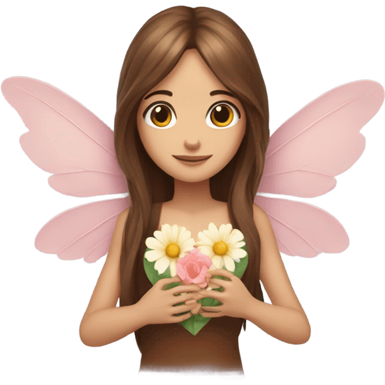 Fairy, long brown hair, wings, flowers, heart eyes, hands holding heart emoji