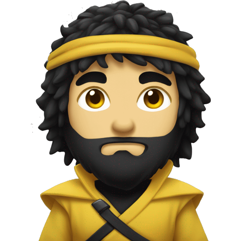 black shaggy haired yellow skinned ninja clothed person big belly  emoji