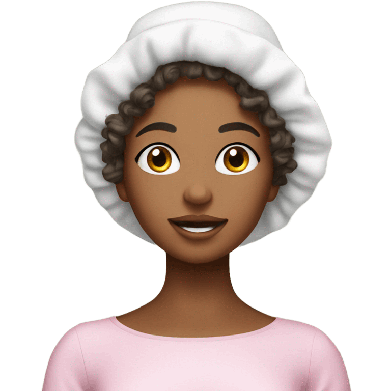 A vanity with a girl with curly hair doing her skincare routine with a bonnet on emoji