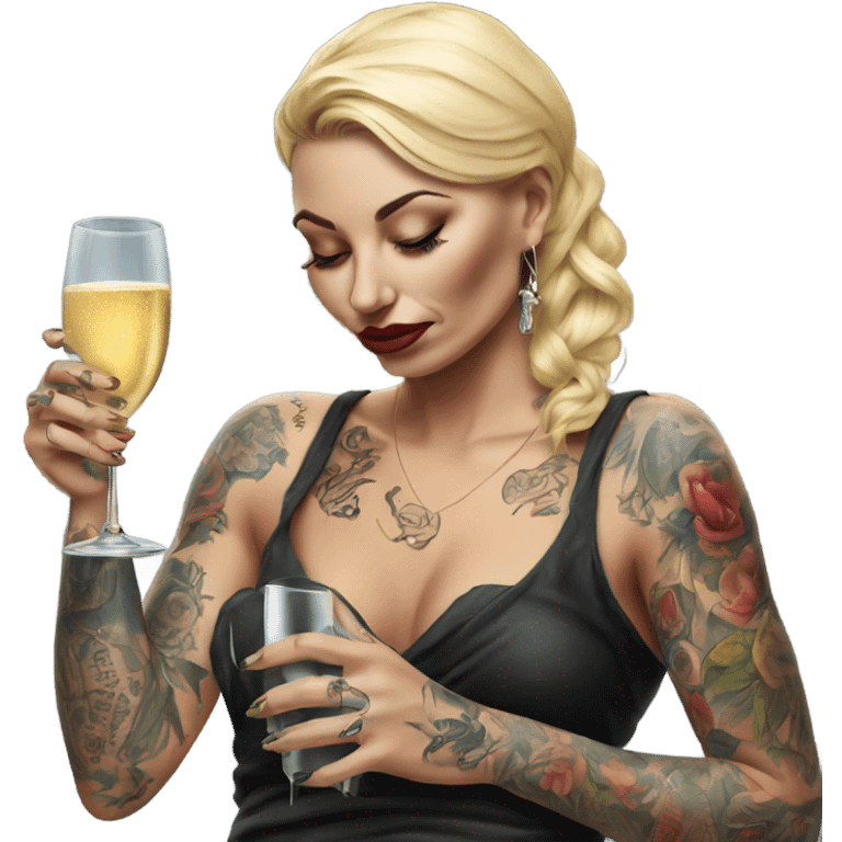 Hyper Realistic Beautiful tattooed woman crying drinking champagne  emoji