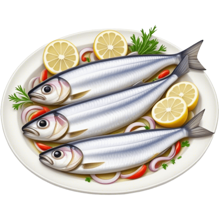 Cinematic Realistic Herring Dish Emoji, showcasing a traditional preparation of fresh herring with onions rendered with lifelike detail and cool, crisp lighting. emoji