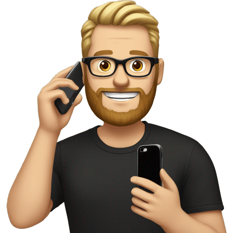 White man, 
wearing black circle glasses, smiling, straight hair with a high comb to the brown side, beard, holding a cell phone next to his face, black t-shirt with a pineapple emoji