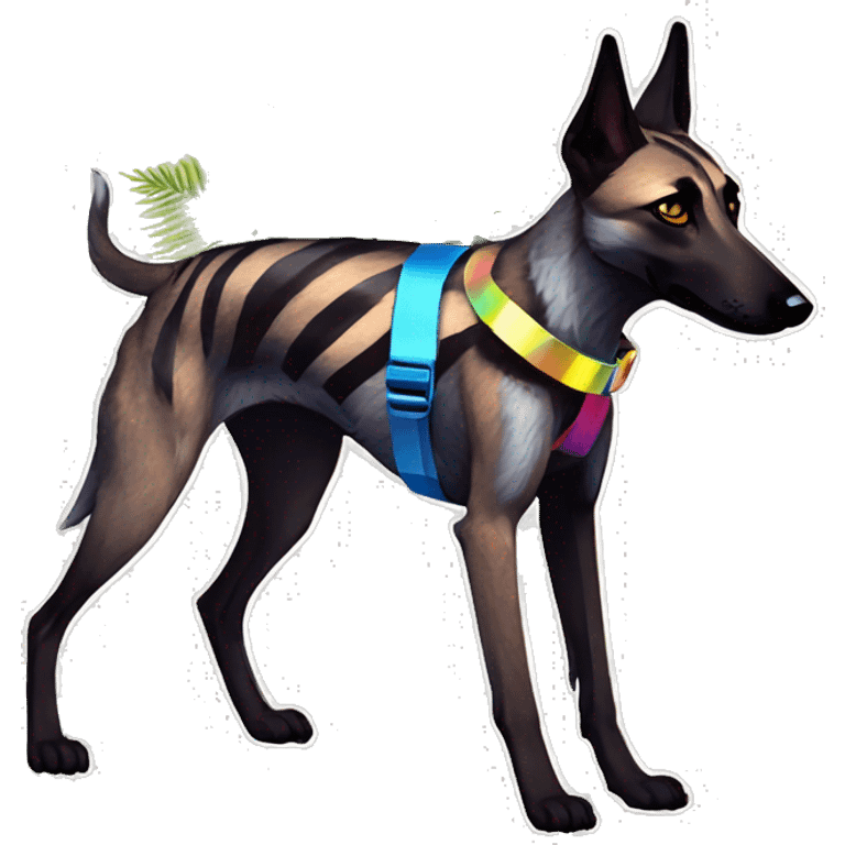  brindle brown black maroon striped lurcher Alsatian fox running blue eyes and iridescent holographic oilslick harness wearing paper iridescent tropical flower crown yellow caution tape emoji