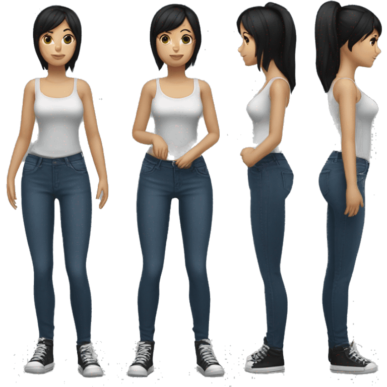 white woman, short ponytail with medium bangs black hair, tight jeans, tight shirt, full body, curvy, emoji