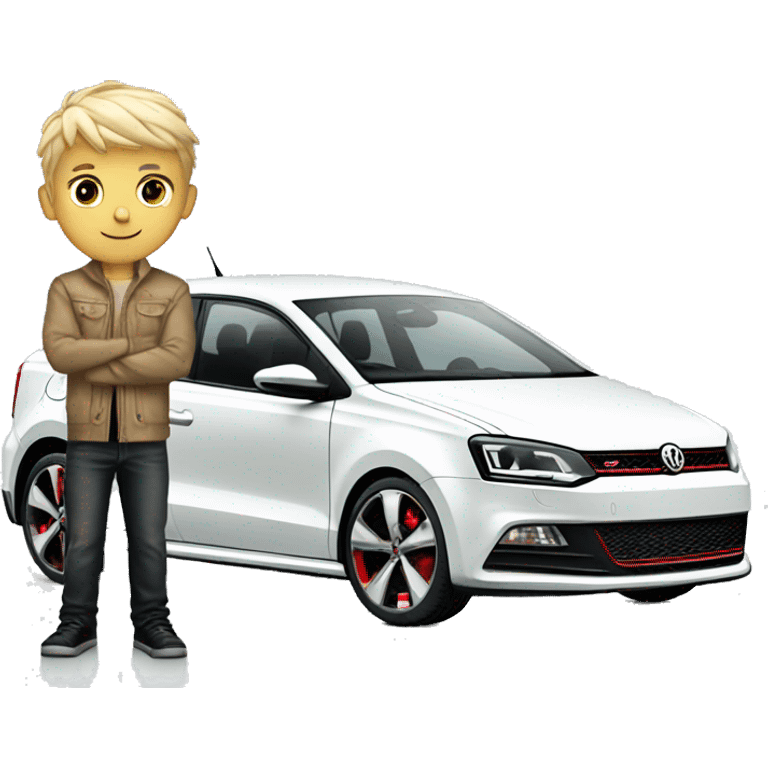 Blonde boy standing with white Volkswagen polo GTI with gold alloys emoji