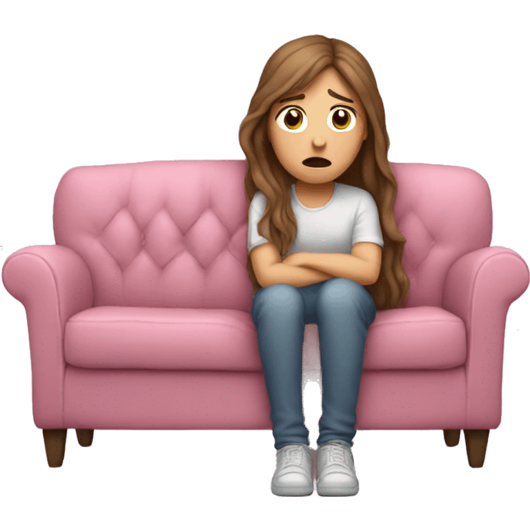 sad white girl with long brown hair crying on the cozy pink couch  emoji