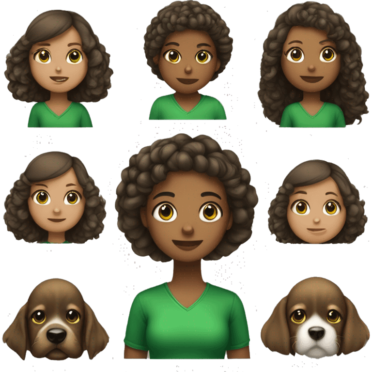  menina criança pele branca cabelo castanho escuro  olho verde e com um cachorro pequeno emoji