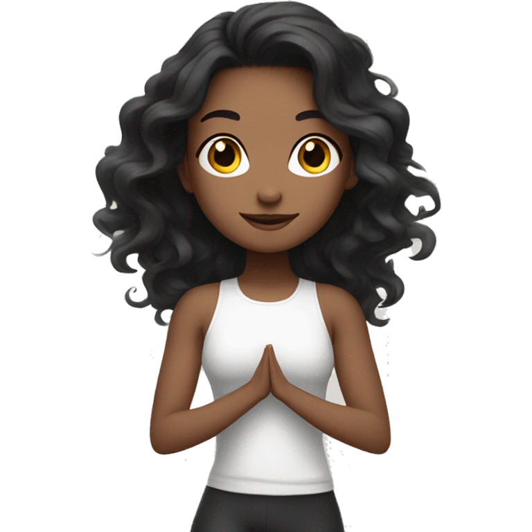 Pretty girl with black wavy hair with white ribbon doing yoga emoji