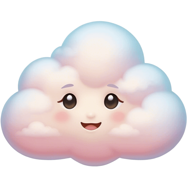 Cinematic tiny snuggly cloud, soft fluffy texture, gentle glowing edges, cute blushing cheeks, floating peacefully in a pastel sky, warm and dreamy. emoji