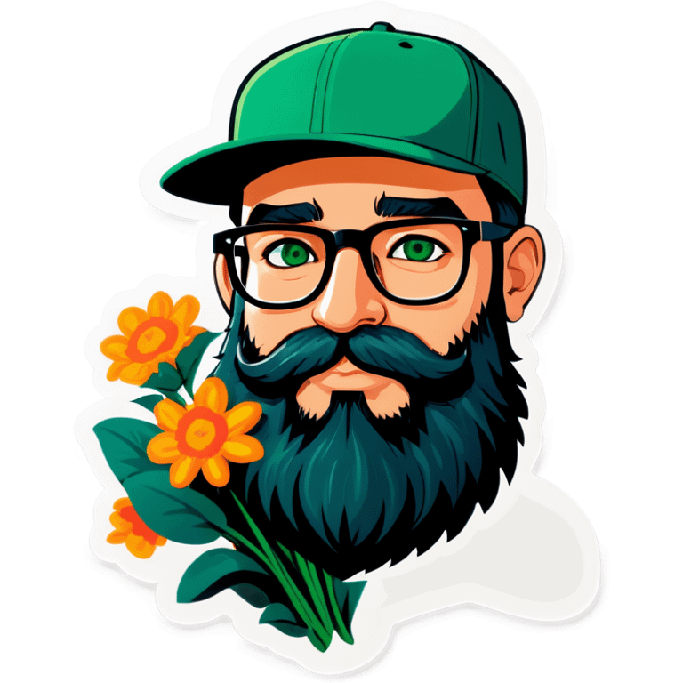 A bold man with a grey baseball cap, green eyes, big beard and glasses, holding a bouquet  emoji