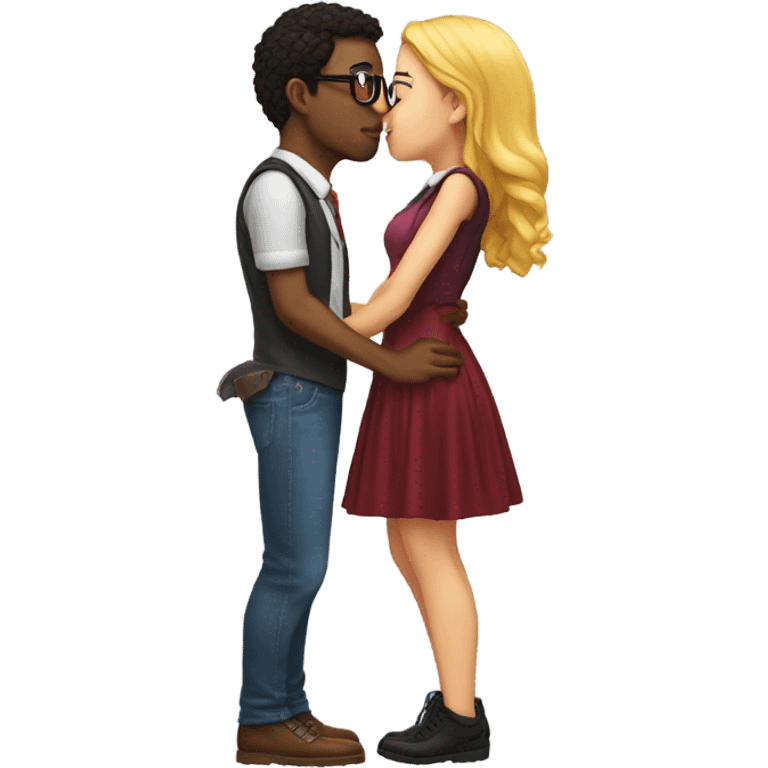 nerd with brow eyes and brown curly hair kissing his girlfriend leg emoji