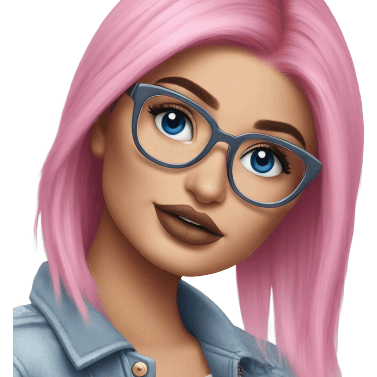 Photo Realistic kylie jenner stylish pink hair BLUE eyes and glasses happy  emoji