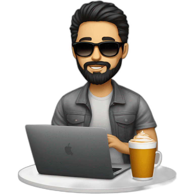 Designer with black hair, beard and round sunglasses working with MacBook and drinking cappuccino  emoji