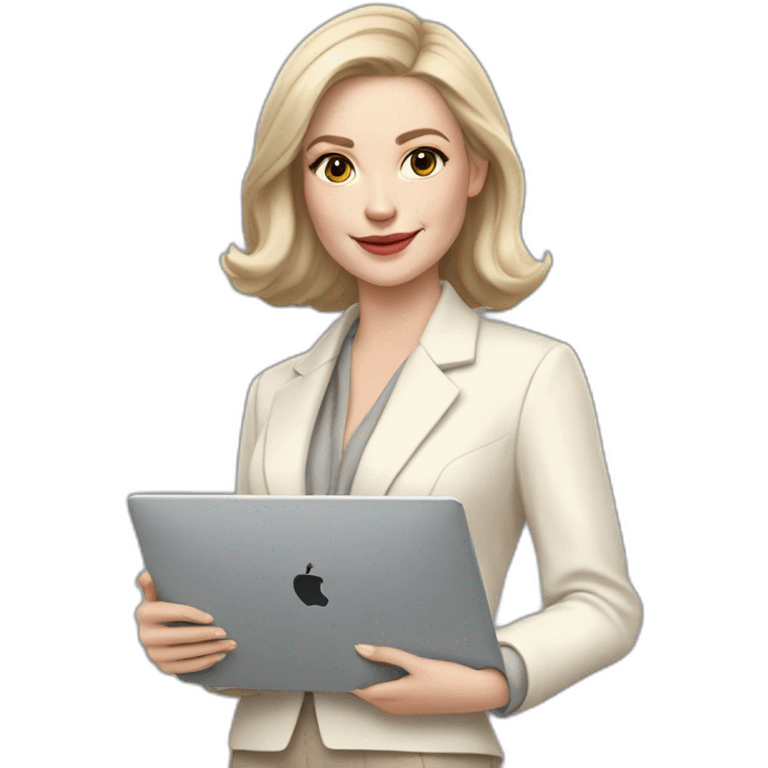 pale skin woman with ash blonde Straightened bob Hair, White Spacious classical jacket, beige palazzo Arrow pants and gray blouse holding a MacBook in the hands emoji