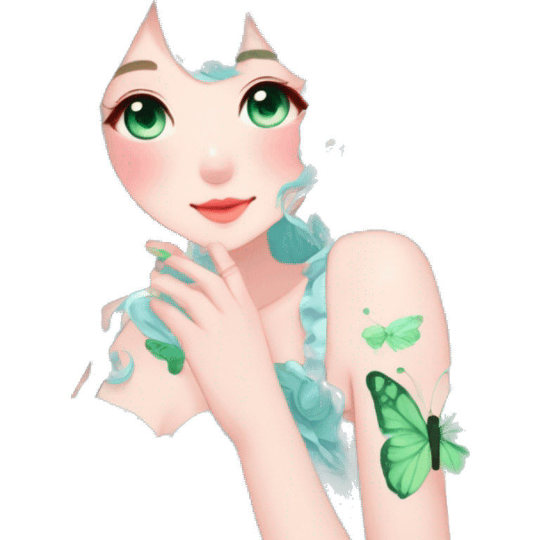 Gorgeous Shiny Pastel blue Green Anime-Style Lady Butterflies flower petals leaves cottagecore fairycore pastelcore kawaii aesthetic trending style emoji