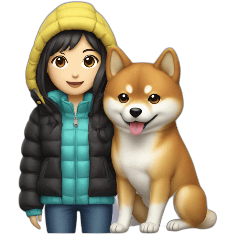 japanese girl and shiba wering puffer jacket  emoji